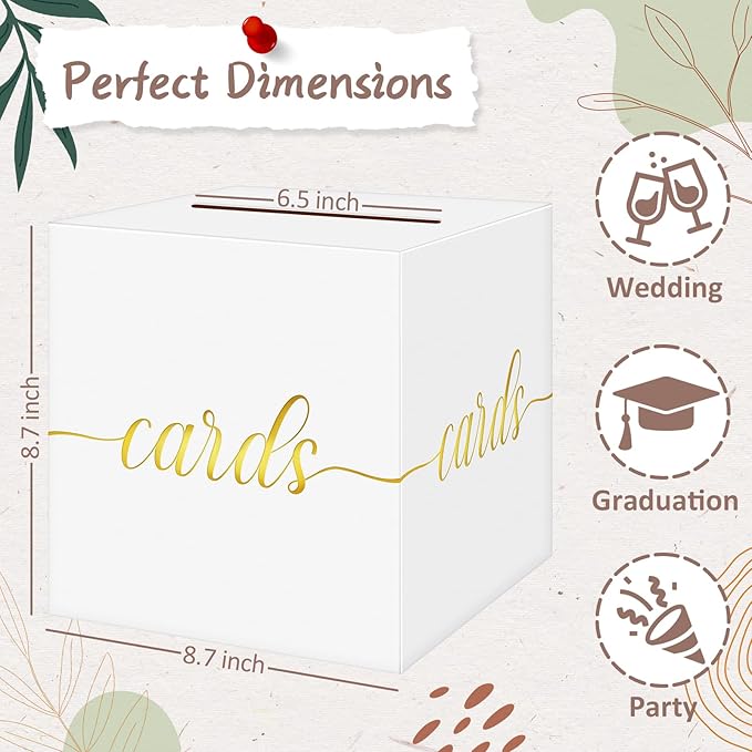 QIKSION White Wedding Card Box, Gold Foil Gift Card Box for Party, Wedding Reception, Birthday, Graduation, Baby Shower, Raffle