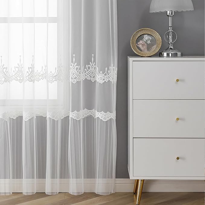 White Sheer Voile Curtains White Embossed European 54Wx72L Inch | Light - Image 5