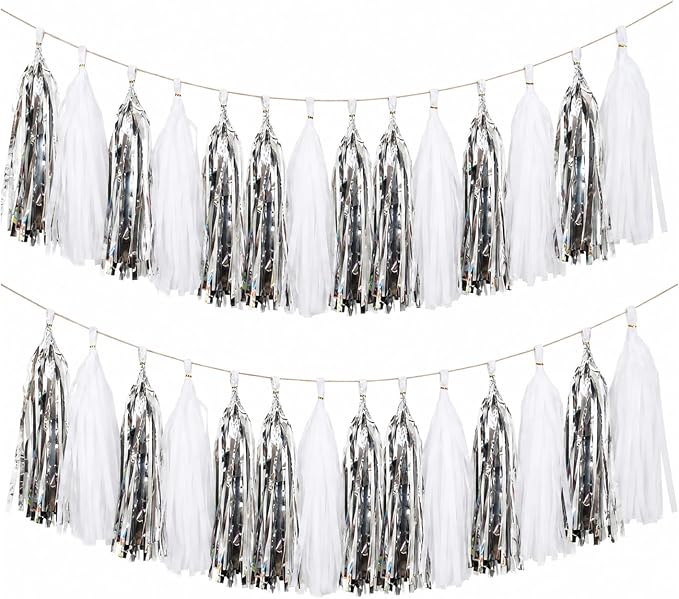 Silver White Tassel Garland Banner, 30 Pack Paper Tassels Streamers by SIPRKAICT
