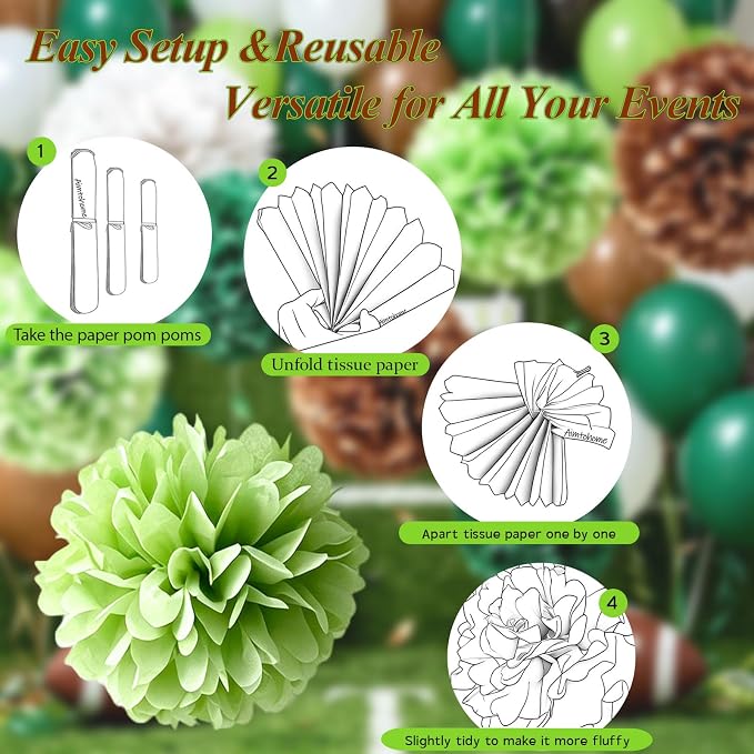 AimtoHome 12Pcs Jungle Paper Pom Poms Decorations, 10/8/6 Inch Green Brown - Image 6