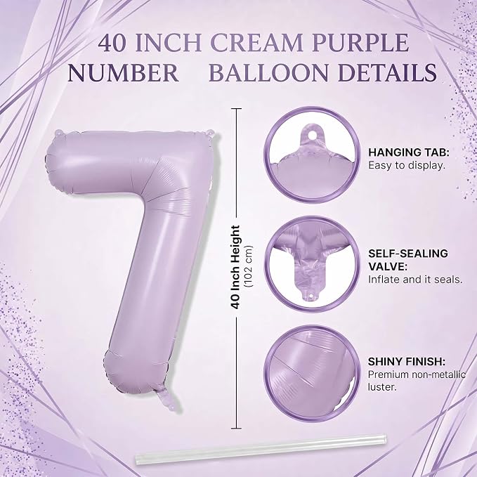 Cream Purple Number 7 Balloon 40 Inch, Foil Numeral - Image 4