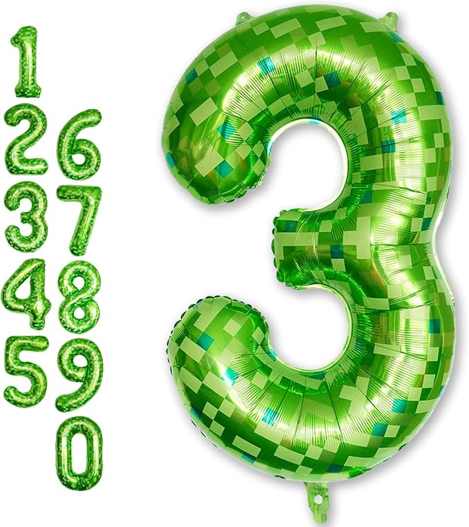 3rd Birthday Balloons for Boys, Large Lime Green Pixel Number 3 Balloon by Froova
