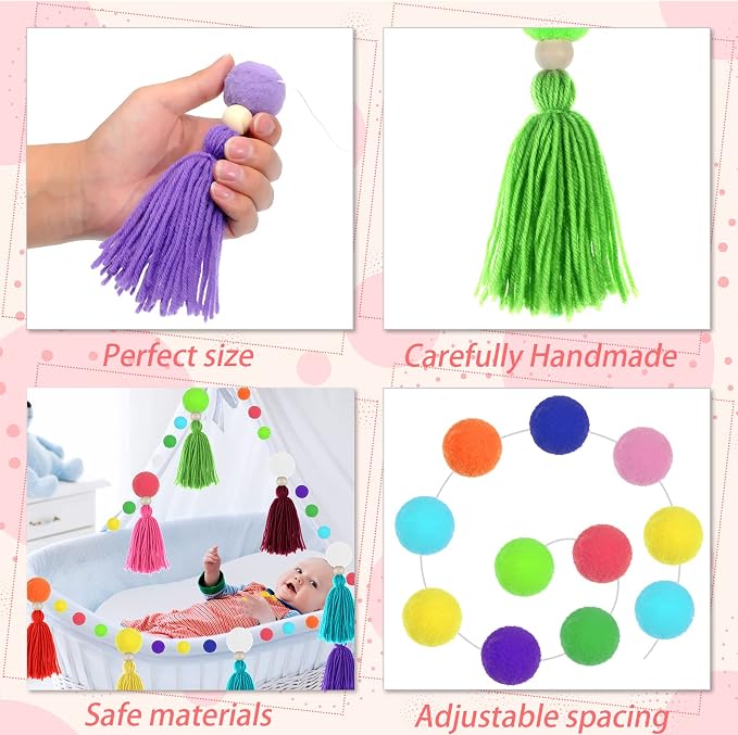 Janinka 2 Pcs Pom Pom Tassel Garland Classroom Each 13.2 Feet Boho Rainbow Felt - Image 4