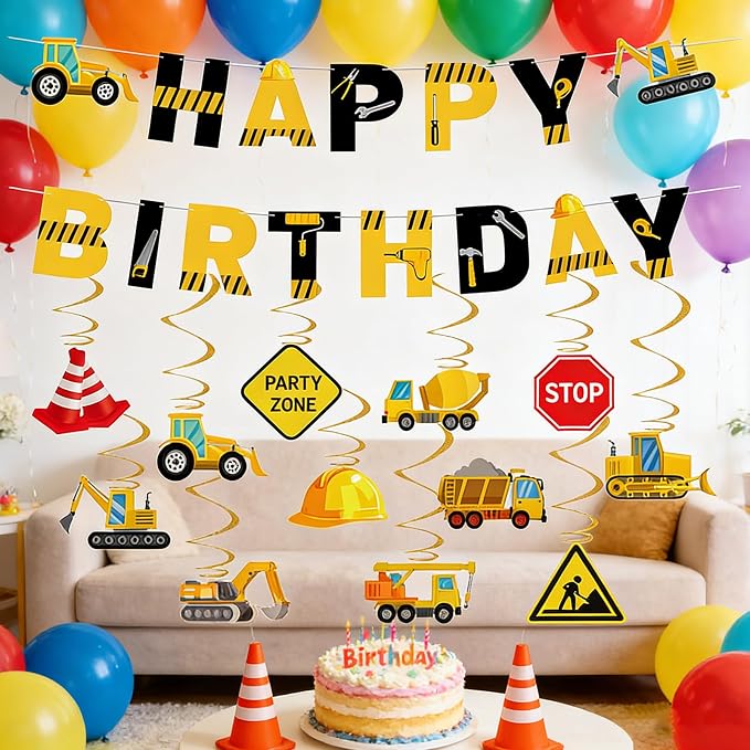 Construction Birthday Decorations, Construction Birthday Banners Hanging Swirls - Image 2
