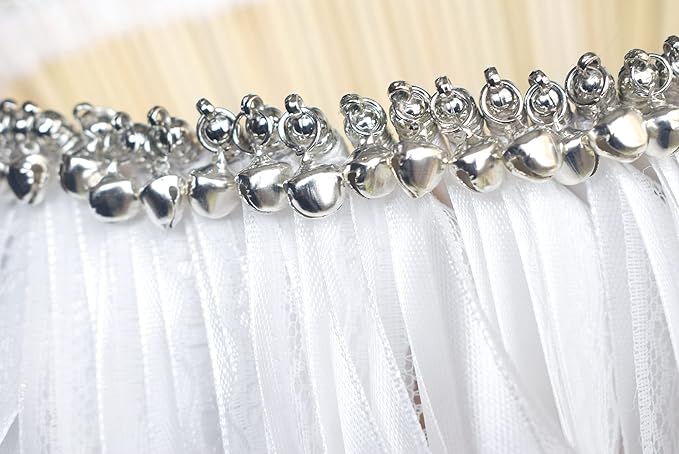 Kingsnow 100 Pieces Lace Wedding Ribbon Wands with Triple Ribbon and Silver Bell Wand Silk Fairy Stick Wand Streamers Party Ribbon Sticks Magic Fairy Wands for Wedding Bridal Shower Photo Prop Send