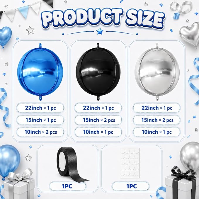 Black Blue Silver Round Foil Balloons - Image 2