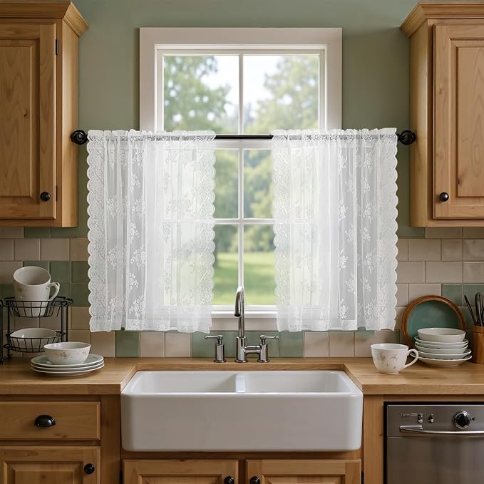 Kotile White Lace Kitchen Curtains Rustic Floral W52 x L36 Inch, 2 Panels | Rod by Kotile+Curtains