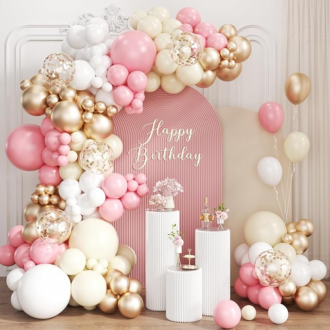 Pink White and Gold Balloon Garland Arch Kit by Unknown
