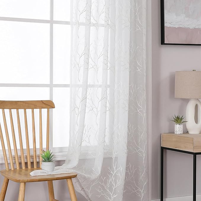 White Sheer Curtains Beige Coral Branch Embroidered 108 Inches | Light - Image 7