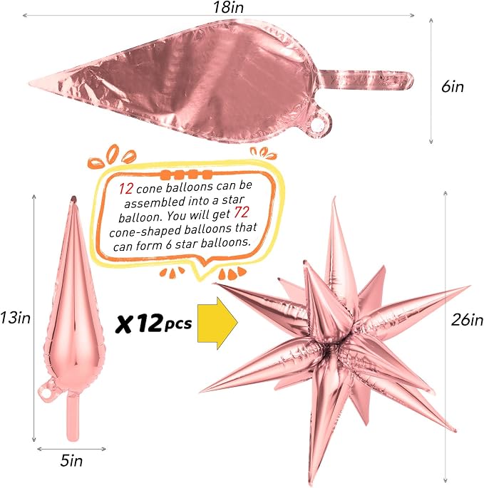 Rose Gold Star Balloons, Big 72 Pieces 26 Inch Explosion Foil Cone Balloons - Image 7