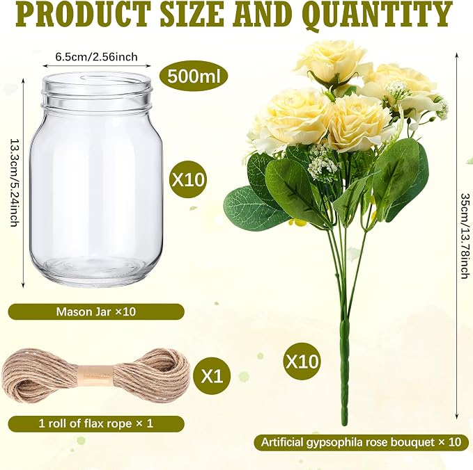 XunYee 10 Set Mason Jars for Centerpieces, Gypsophila Rose | Mason Jar Flower - Image 2