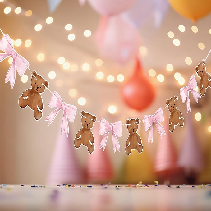 2 Pcs Pink We Can Bearly Wait Banner 6.56 ft Bear Theme Baby Shower Decorations - Image 5