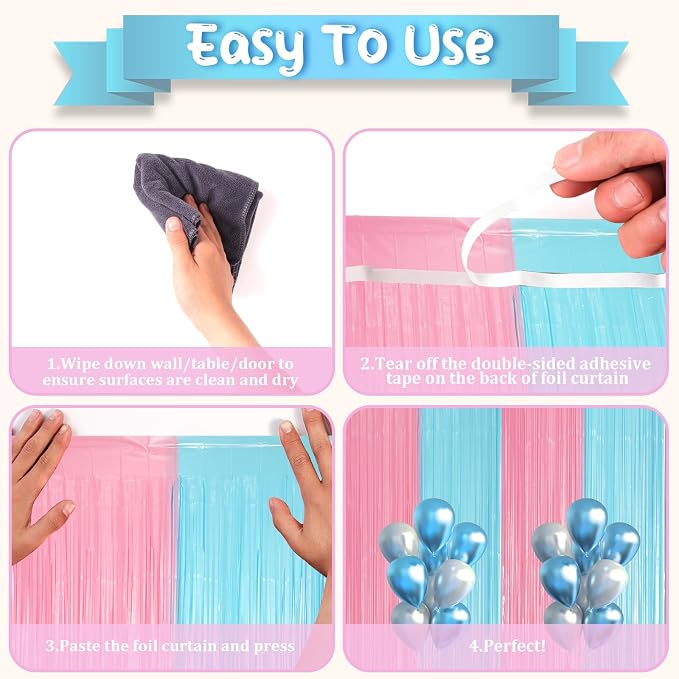 Voircoloria Pastel Blue Pink Fringe Backdrop Curtains, 2 Pack | Tinsel Streamers - Image 4