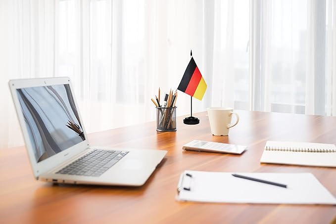 Germany German Deluxe Desk Flag Set, Small Mini Miniature Germany German Table Desktop Flags With Solid Pole, Black Base and Spear Top(2 Pack)
