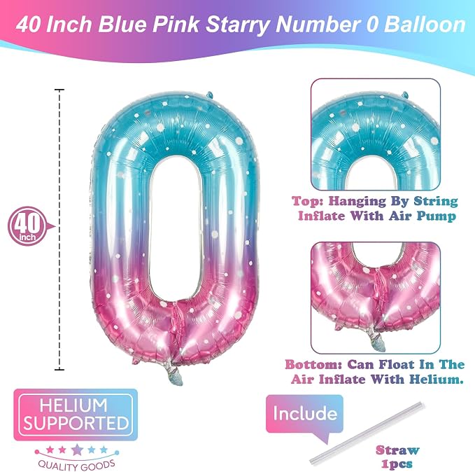 Mermaid Number 0 Balloons 40 Inch, Large Purple Teal Rainbow Number Balloons - Image 2