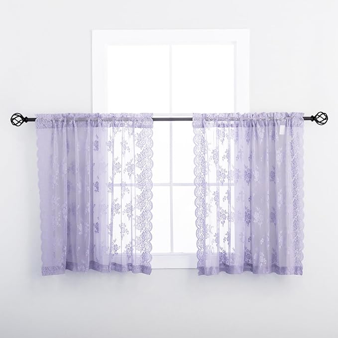 Light Purple Sheer Curtains for Small Windows W42 x L36 Inch, 2 Panels | Rod by Kotile+Curtains