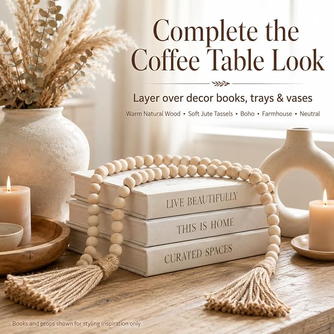58in Wood Bead Garland Tassels, Farmhouse Tiered Tray Decor | Natural wood beads - Image 3