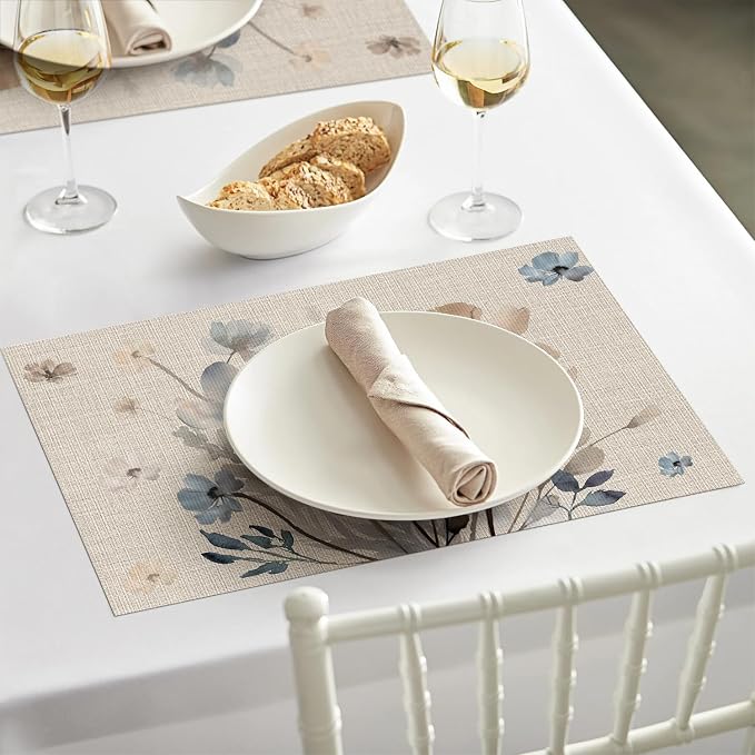 Artoid Mode Brown Poppy Floral Vinyl Spring Placemats Set of 6, Wipeable - Image 5