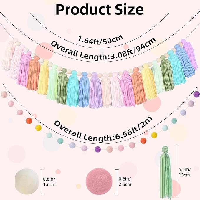 2 PCS Rainbow Boho Tassel Garland, 6.5 Feet Pom Pom Tassel 20 Felt Balls - Image 2