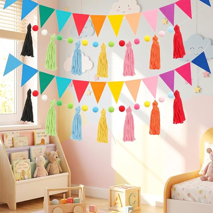 6 Pcs Rainbow Pom Pom Tassel Garland Felt Bunting Garland Back to School Party - Image 5