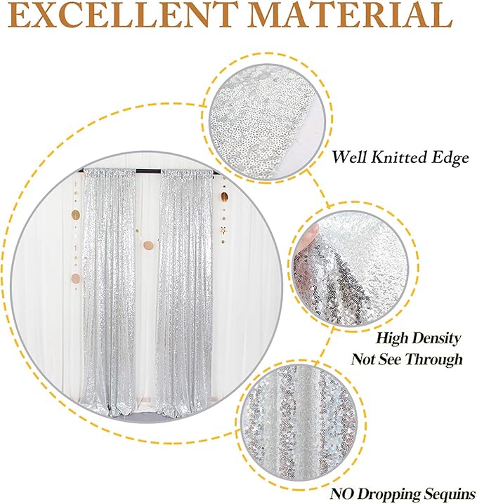 ShinyBeauty Sequin Curtains 4 Panels Silver Sequin Backdrop Photograph Backdrops Shimmer Background for Birthday Party New Year Decor Sparkle Fabric Gray Curtain (2FTx8FT)