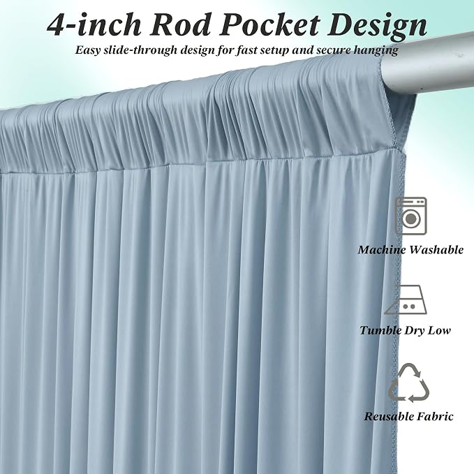 50 ft x 10 ft Wrinkle Free Dusty Blue Backdrop Curtain - Image 6