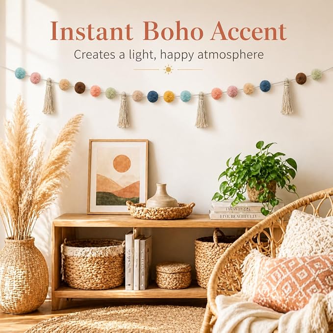 RAINFLOW Pom Pom Garland Decoration, 6.5FT Pre-Assembled Tassel Boho Pastel | - Image 3