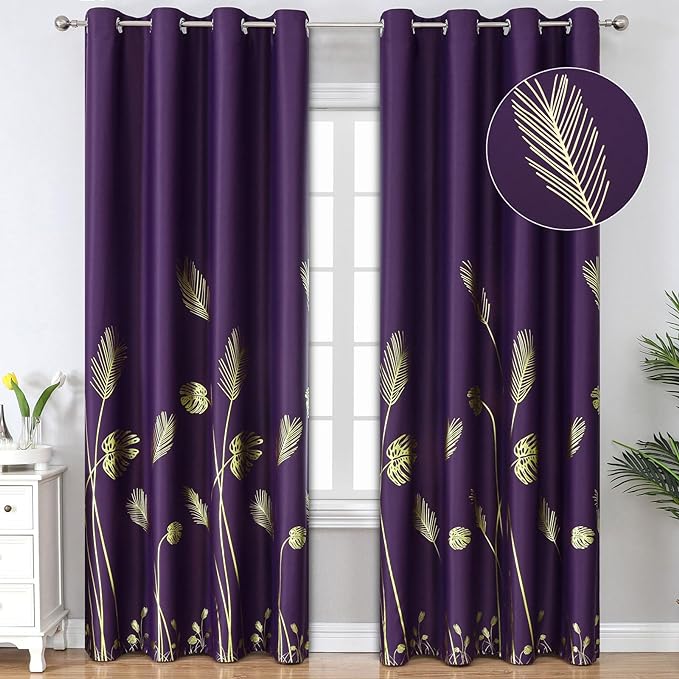 Purple Blackout Curtains for Bedroom, Room Darkening Gold Palm Tree Pattern by ESTELARTEXTILER