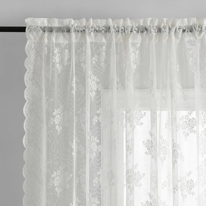 Kotile Ivory Lace Curtains for Kitchen Windows W52 x L36 Inch, 2 Panels | Rod - Image 3