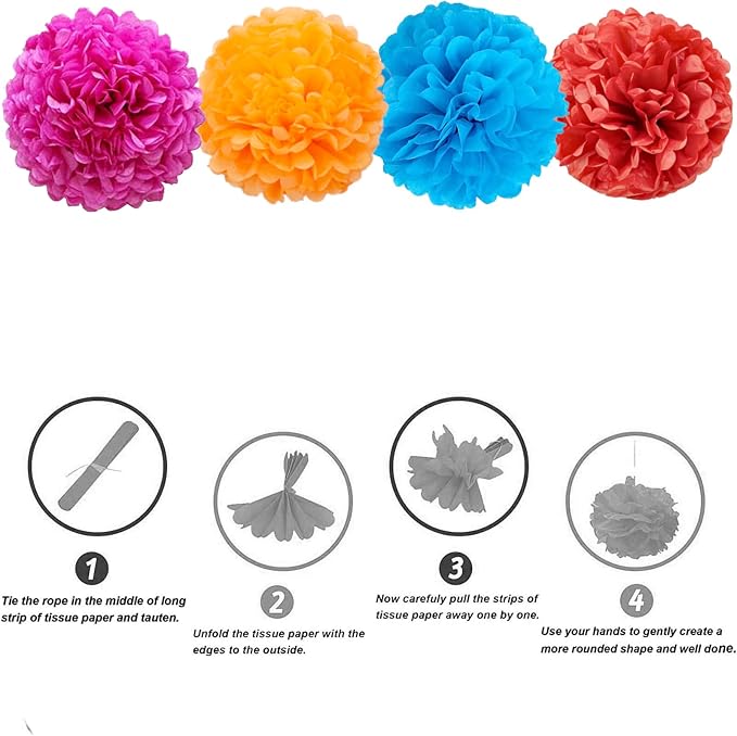 Rose Red Orange Blue Red Paper Pom Poms - Image 3