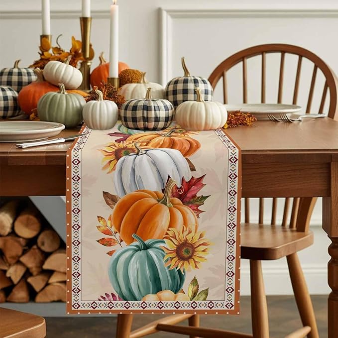 Fall Thanksgiving Southwest Cotton Linen Table Runner for Dining Kitchen, Orange Pumpkins Wedding Outdoor Party Rustic Tablerunners Decoration, Sunflower Dresser Scarf Tablecloth Runners 13x120 Inches