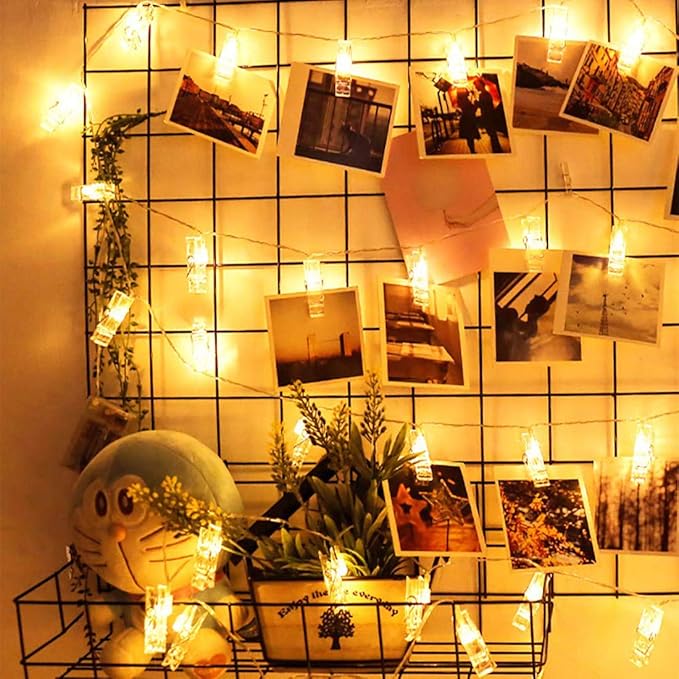 Dopheuor LED Photo Clip Copper String Lights Starry Fairy Warm White Lights Battery Powered for Hang Pictures Cards Bedroom Wall Decorations Christmas Patio Halloween Thanksgiving Wedding Party Décor
