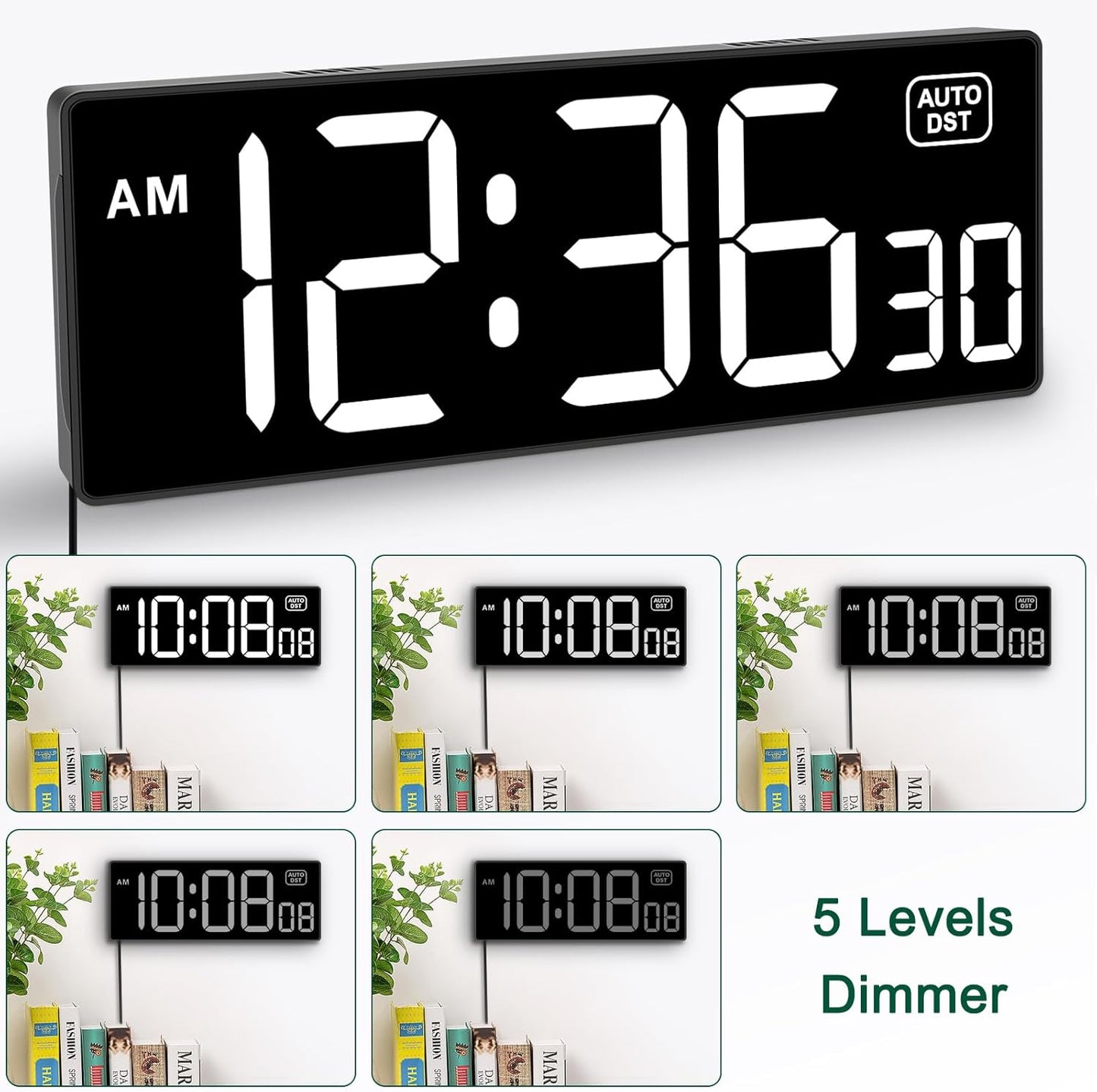 Soobest LED Digital Wall Clock with Seconds, Electric Clock Plug Auto DST Dimmer LED Large Display 10 Inches (White)