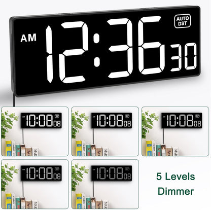 Soobest LED Digital Wall Clock with Seconds, Electric Clock Plug Auto DST Dimmer LED Large Display 10 Inches (White)