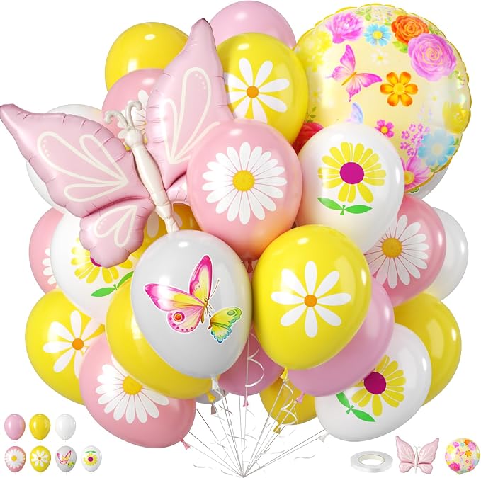 Flower Balloons, 12 Inch Pink Yellow White Daisy Printed Balloon, Butterfly by FEYG