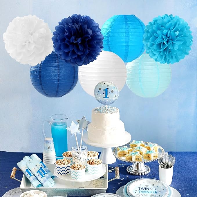 Blue-White Birthday Party-Decorations Paper-Flowers Lanterns - Image 3