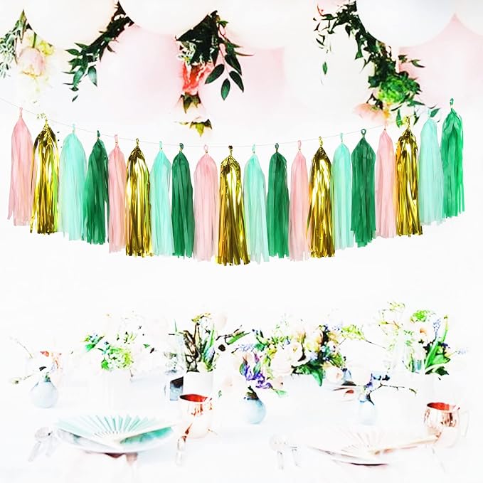 Sage-Green Pink-Gold Party-Decorations Tassel Garland - Image 3