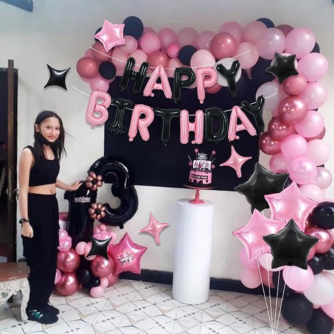 TONIFUL 35PCS Black Pink Happy Birthday Decorations Kit 16 Inch Happy Birthday - Image 5