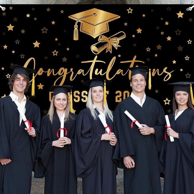 Class of 2026 Graduation Backdrop Black Gold Congrats Grad Banner - Image 5
