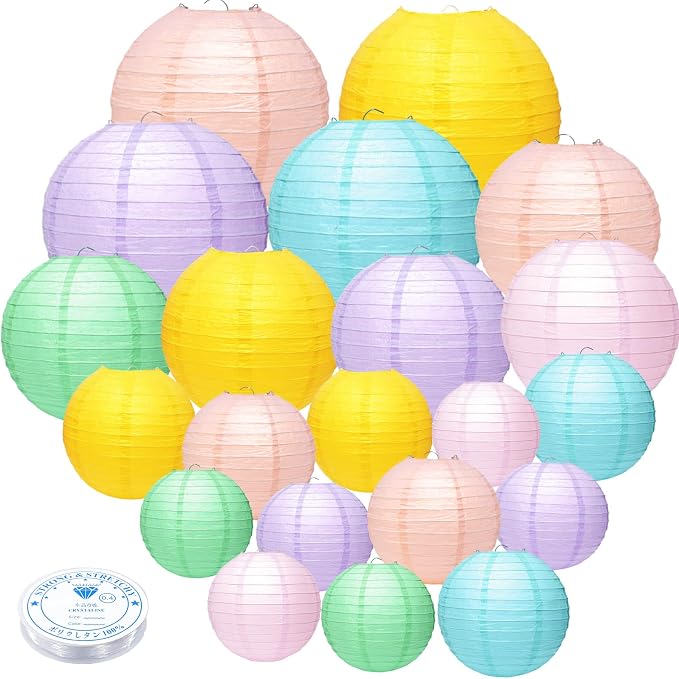 21Pcs Pastel Paper Lanterns, 4-10in 8 Colors, Hanging Decor by GCVOPTON