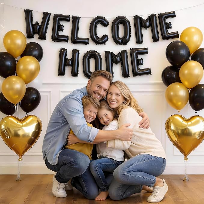 Welcome Home Balloons Black Gold, 16Inch Welcome Home Foil Balloons Banner - Image 3