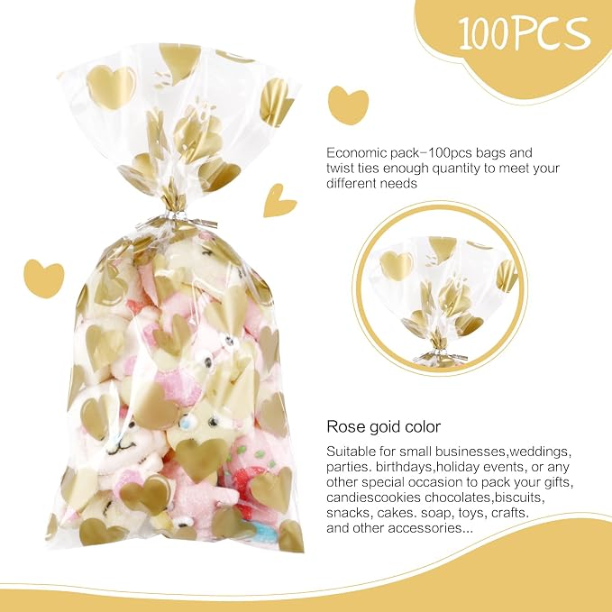 COQOFA 100Pcs 5X11IN Gold Heart Cello Cellophane Treat Bags - Image 3