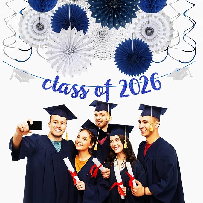 Navy-Blue Silver Party-Decorations Graduation Banner-Streamers - Image 4