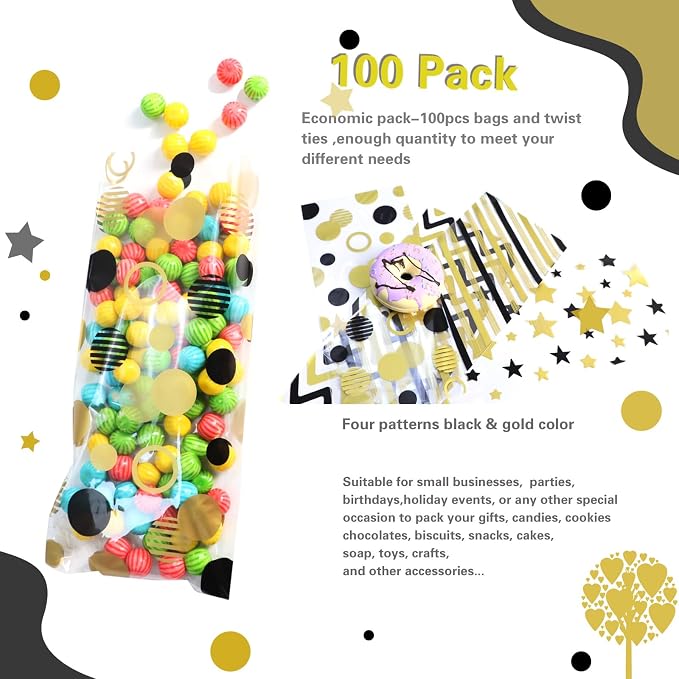 COQOFA Black Gold 5"X11" Gift Wrap Cellophane Cello Bags: Clear Candy Cookie & - Image 4