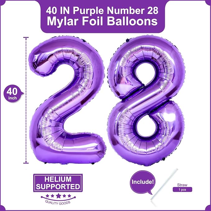 Number 28 Purple Balloons 40 Inch Giant Purple Foil 28 Helium Balloons - Image 2