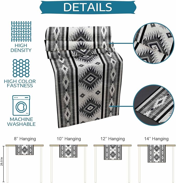 Aztec Southwest Cotton Linen Table Runner for Dining Kitchen, Wedding Outdoor Party Tablerunners Decoration, Boho Ethnic Tribes Vintage Grey Dresser Scarf Coffee Tablecloth Runners 13x108 Inches