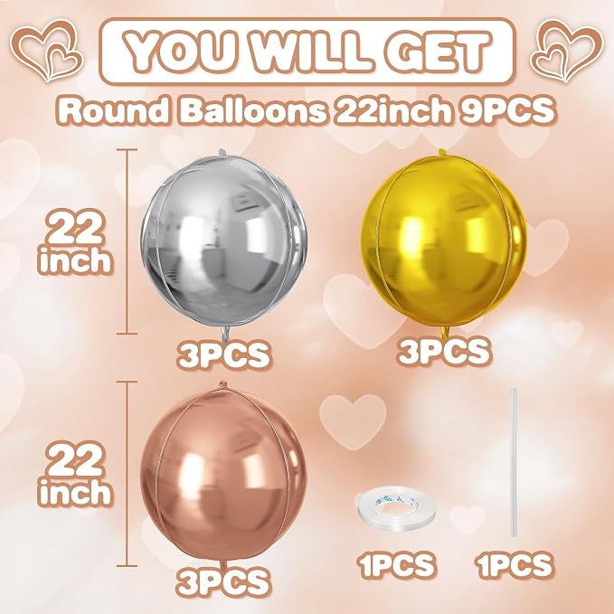 Silver Gold Rose Gold Round Foil Balloons 9 pcs, Metallic Giant 4D Round - Image 2