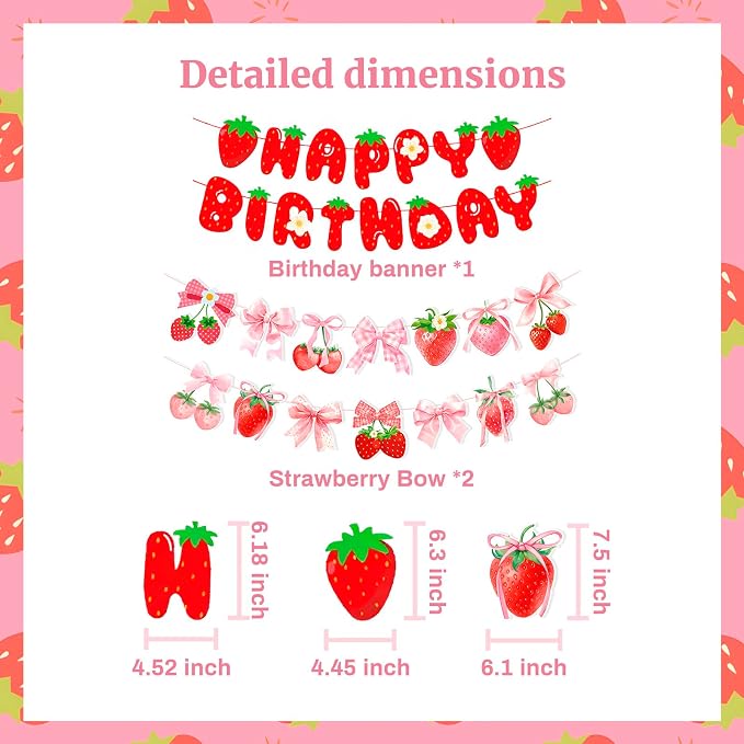 MEETINGU Strawberry Cake Happy Birthday Banner and Bow Strawberry Banner - Image 2