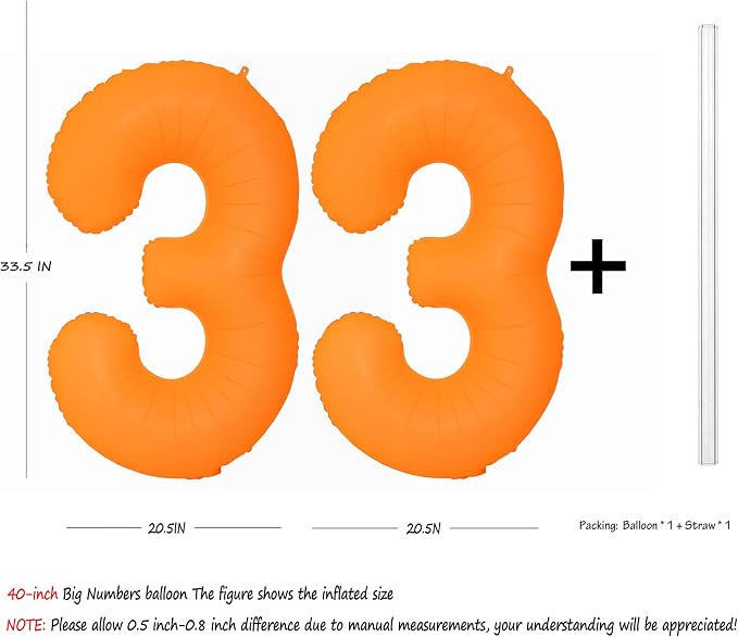 Orange Birthday Number 33 Balloon 40IN Fluorescent Orange 33 Balloon | - Image 2