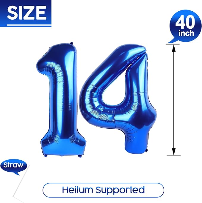 14 Balloon - Metallic Blue Birthday Number Balloons, 40 Inch Decorations | - Image 5